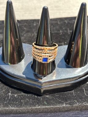 Gold-Tone Ring with Blue Square Center and Pave Accent size 8 NWOT